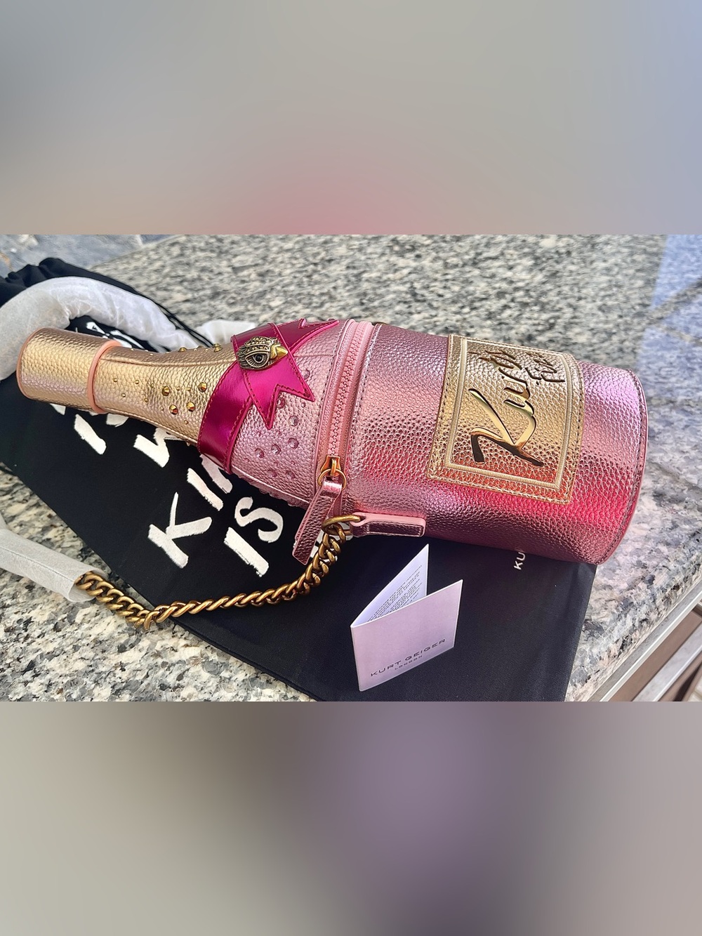 Kurt Geiger Champagne Bottle Crossbody Purse Pinks & Gold PU Leather/Dust BagNWT - Picture 11 of 17